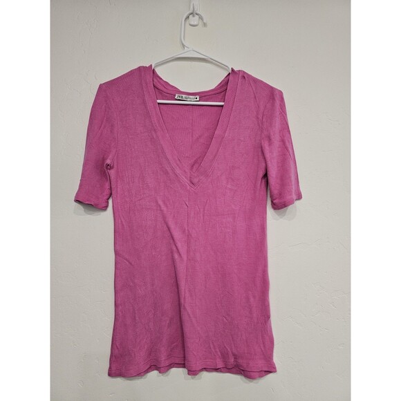 Zara Tops - Zara Women’s Basic Vibrant Pink V Neck Short Sleeves Blouse Size Large